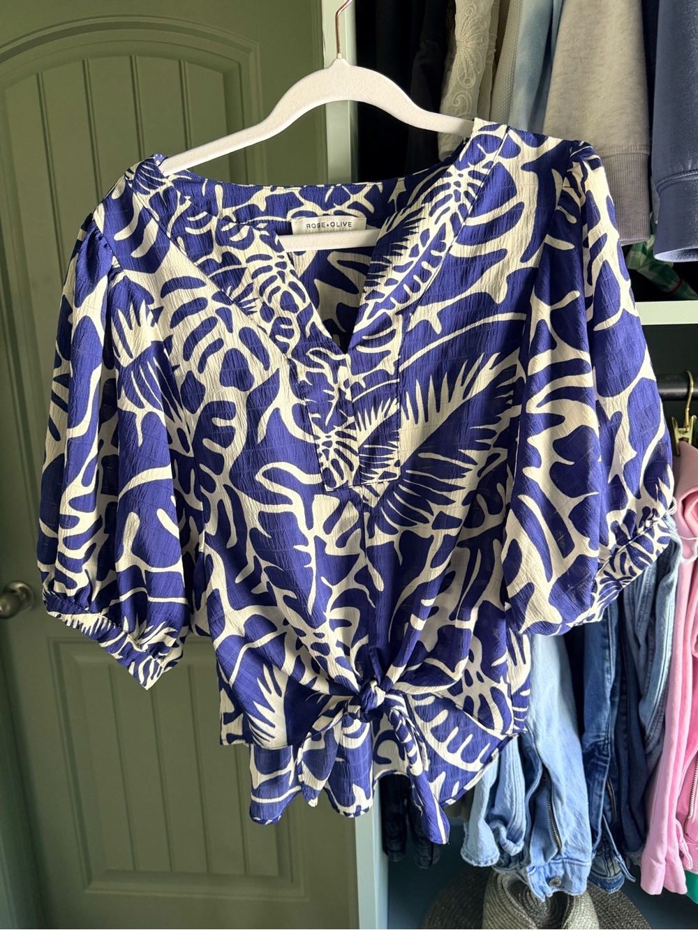 Rose & Olive Blue and White Tie-Front V-Neck Blouse